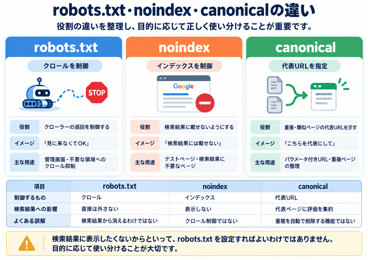 robots.txt・noindex・canonicalの違い