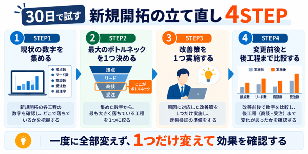 30日を一区切りに始める新規開拓の立て直し方｜1つだけ変えて比較する